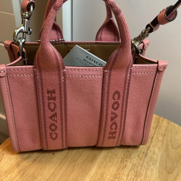 Coach Pink Mini Tote Bag Canvas Leather Crossbody Small Tote Purse - Picture 2 of 4